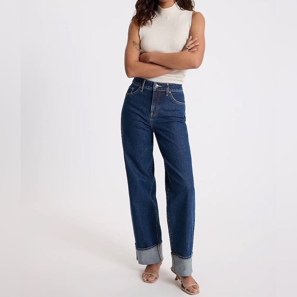 High Waisted Dark Wash Cuffed Hem Relaxed Straight Jeans